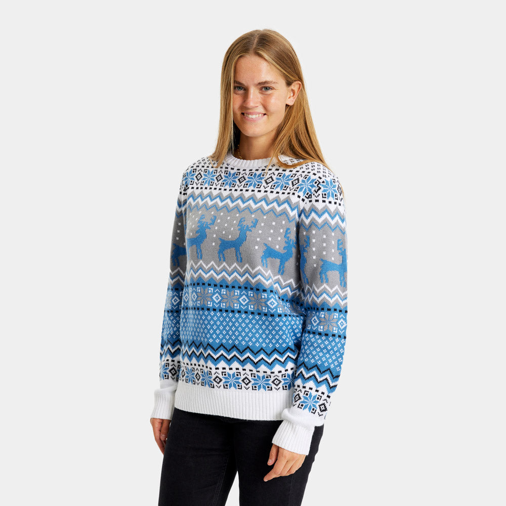 Pull de Noël Élégant Blanc, Gris et Bleu avec Rennes Mulher
