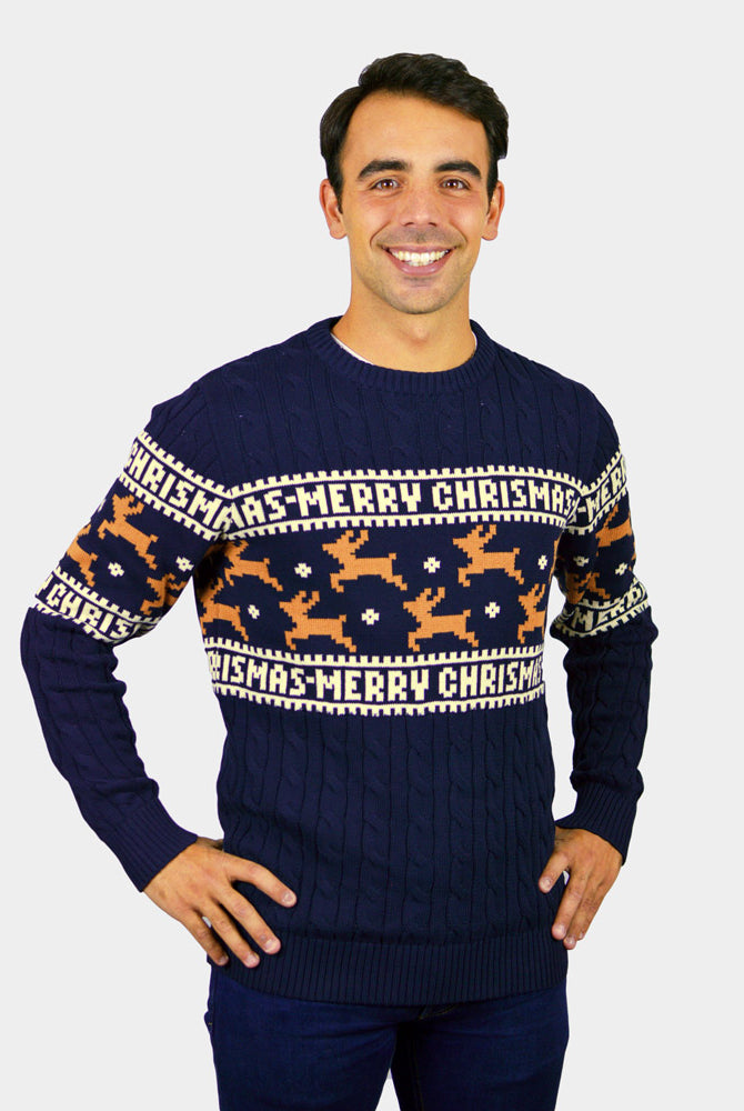 Pull de Noël Élégant Bleu avec Rennes pour Hommes