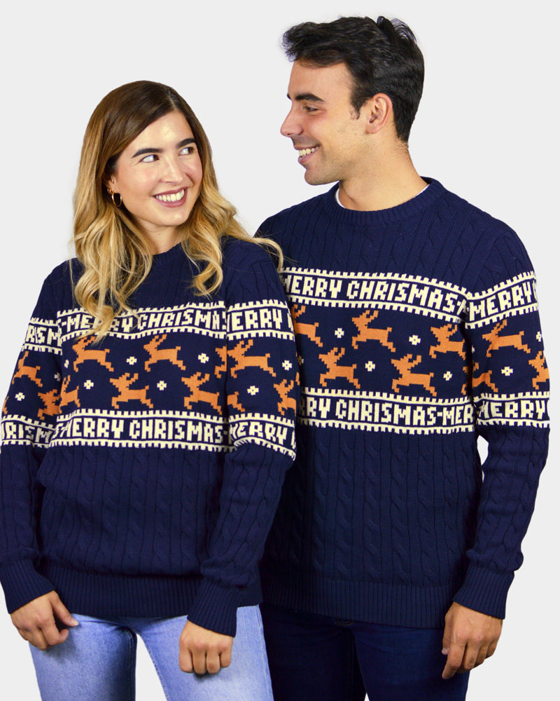Pull de Noël Élégant Bleu avec Rennes pour couples