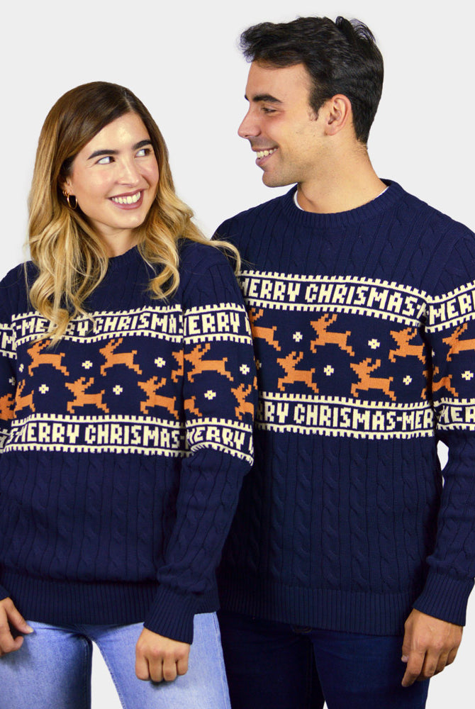 Pull de Noël Élégant Bleu avec Rennes pour couples