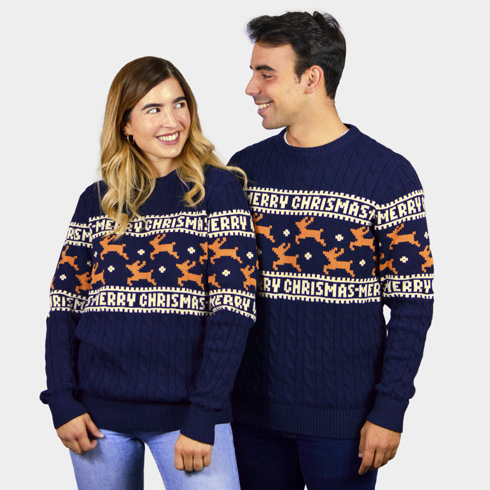 Pull de Noël Élégant Bleu avec Rennes pour couples