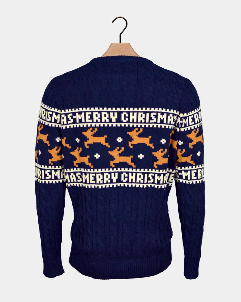 Pull de Noël Élégant Bleu avec Rennes Dos