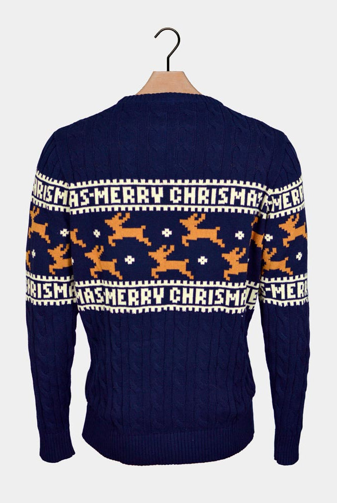 Pull de Noël Élégant Bleu avec Rennes Dos