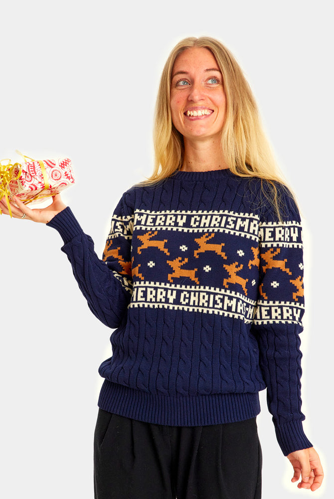 Pull de Noël Élégant Bleu avec Rennes Femme