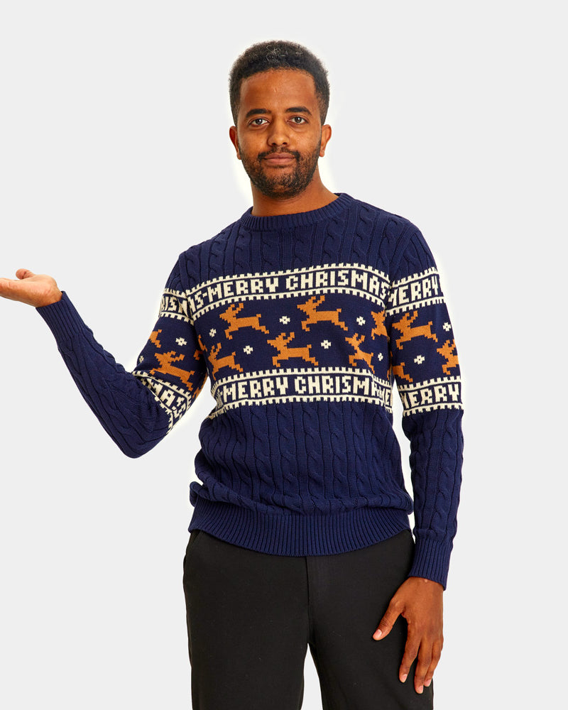 Pull de Noël Élégant Bleu avec Rennes Homme