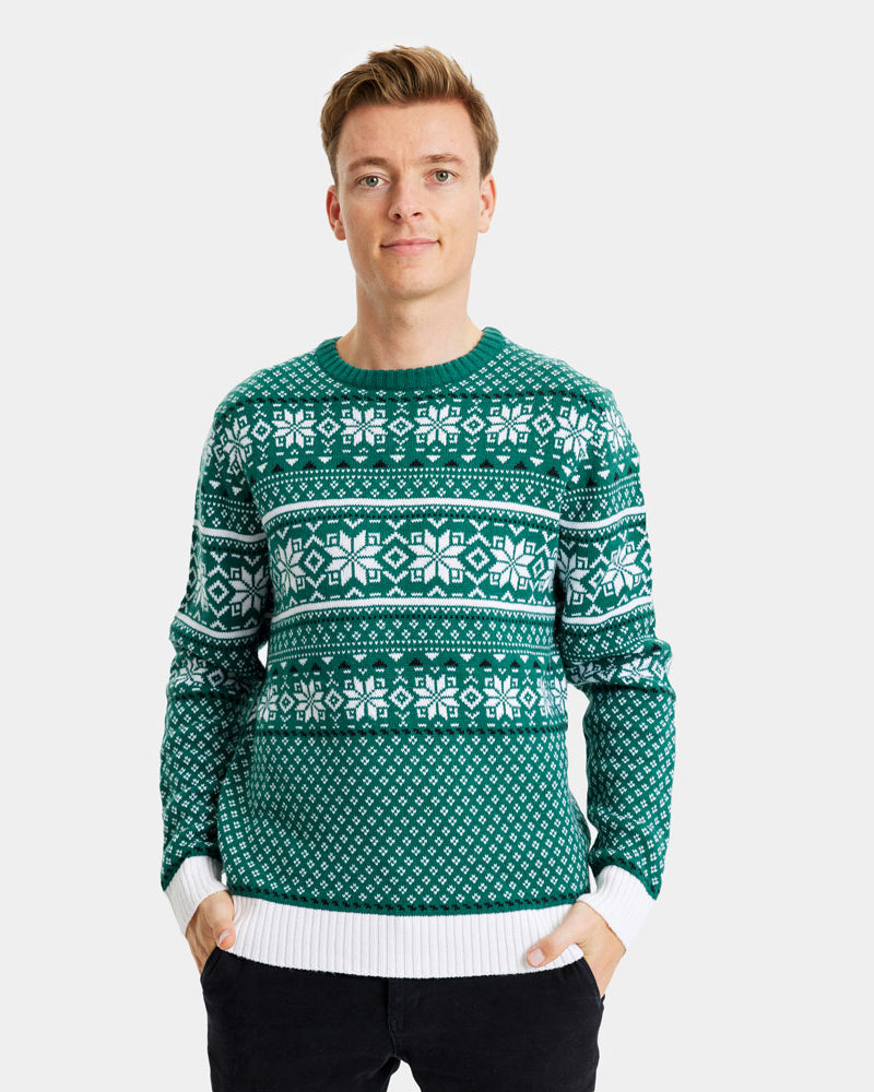 Pull de Noël Élégant Classique Vert et Blanc Homme