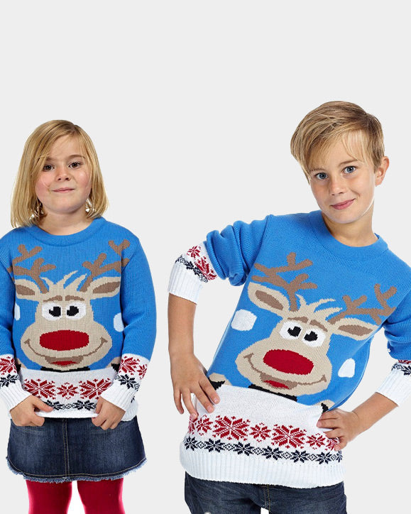 Pull de Noël pour Enfants Bleu Ciel avec Renne et Neige Fille et Garçon