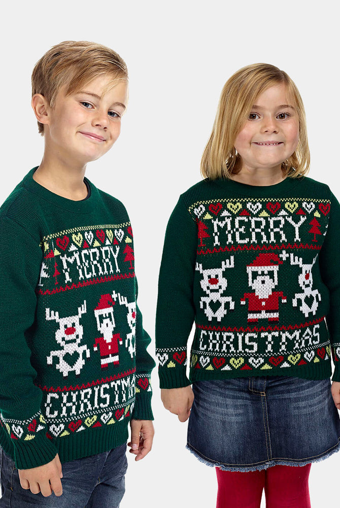 Pull de Noël pour Enfants Vert avec Rennes et Père Noël Garcon et Fille