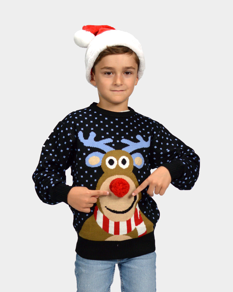 Pull de Noël pour Enfants Bleu Renne avec Nez Rouge 3D Garcon