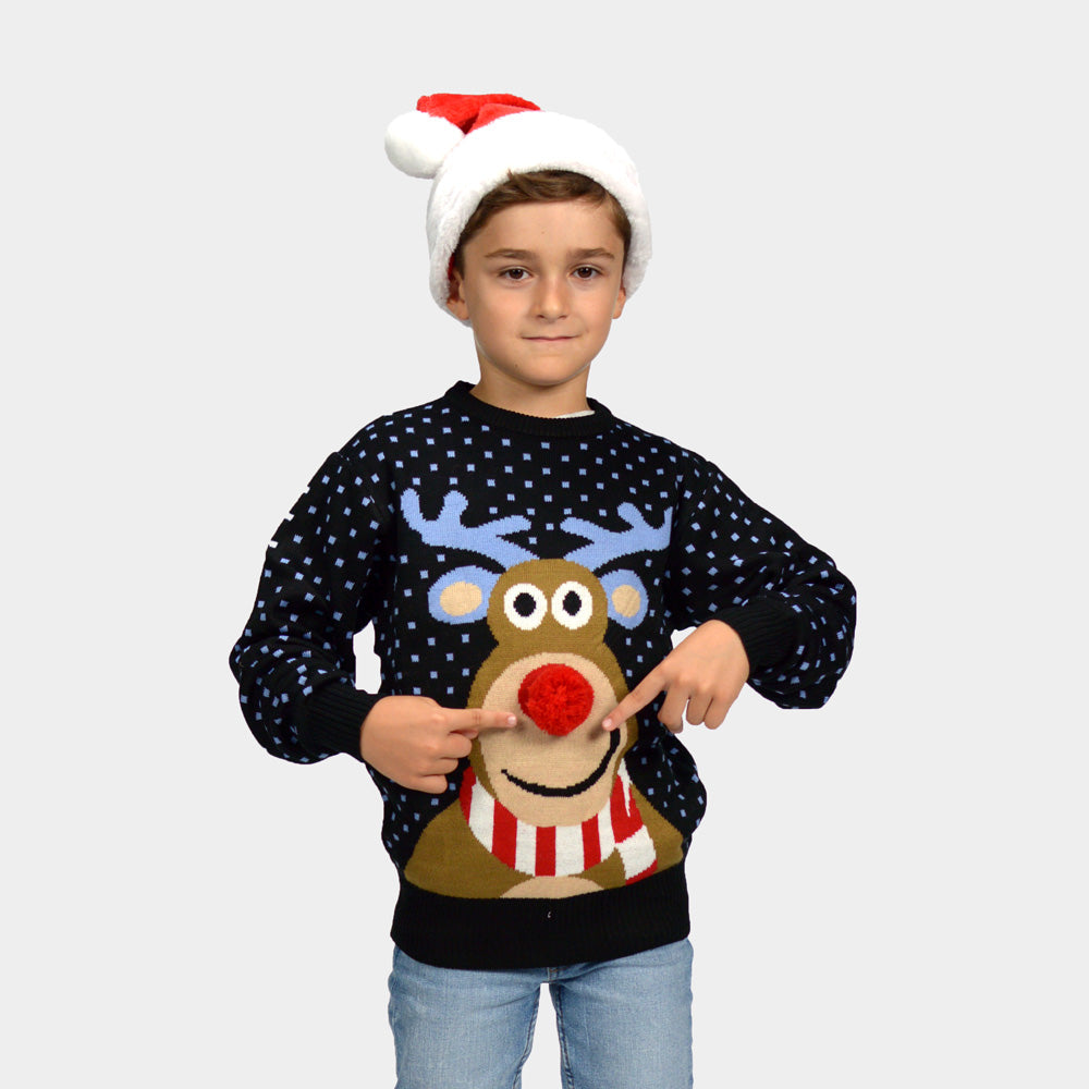Pull de Noël pour Enfants Bleu Renne avec Nez Rouge 3D Garcon
