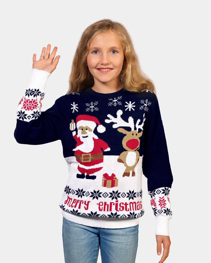 Pull de Noël pour Enfants Bleu Père Noël et Rudolph le Renne Coton Bio Fille