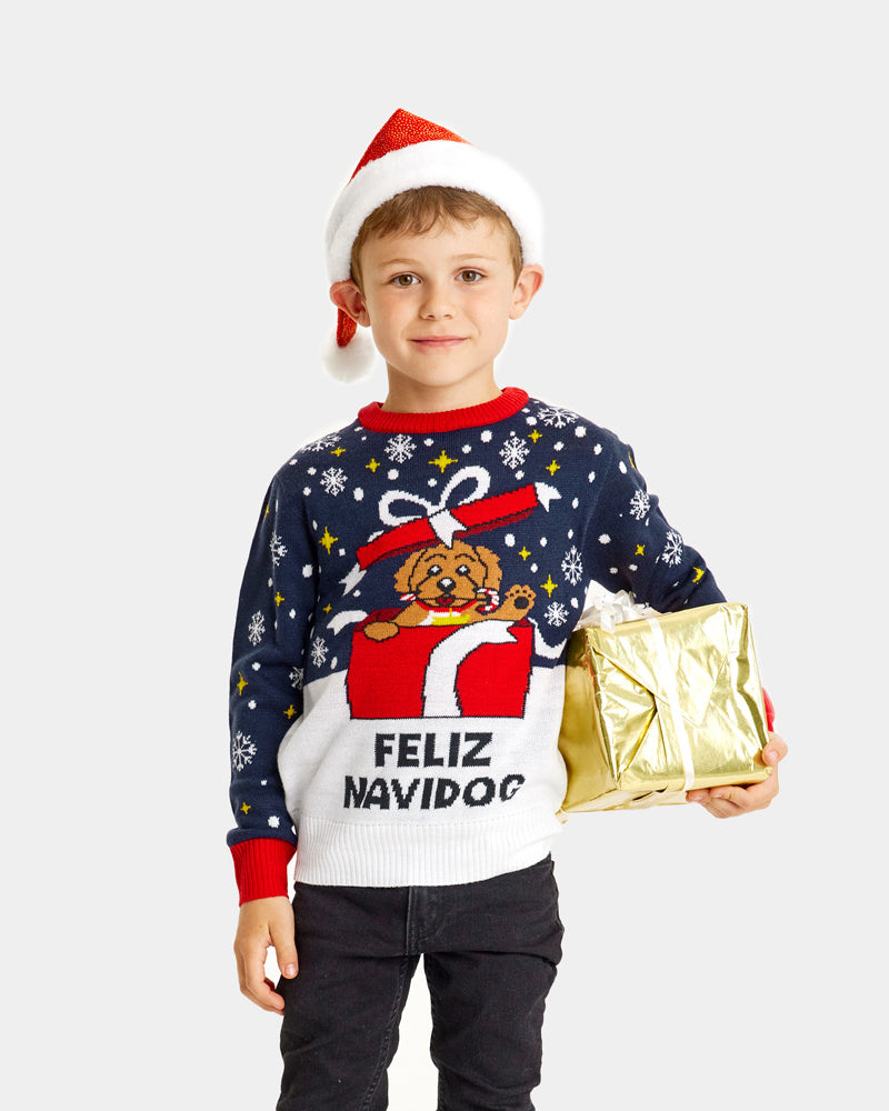 Pull de Noël pour Enfants Feliz Navidog Garçon