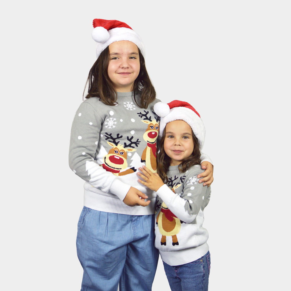 Pull de Noël pour Enfants Gris avec Rennes Mignonnes Filles