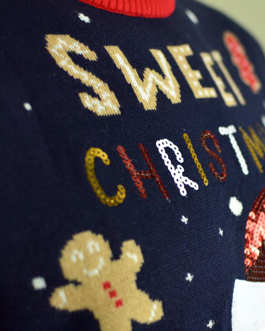 Pull de Noël pour Enfants Lumineux LED Bleu Ginger Cookie Détail Neige