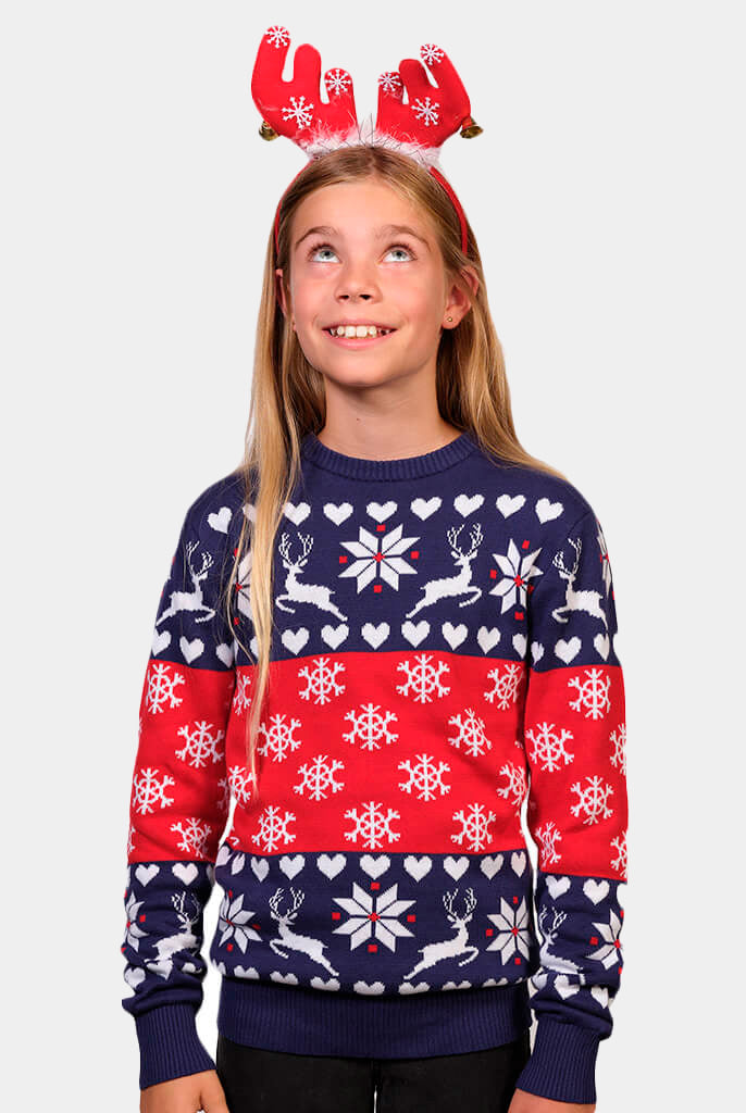 Pull de Noël pour Enfants Rennes et Coeurs Bleu et Rouge Fille
