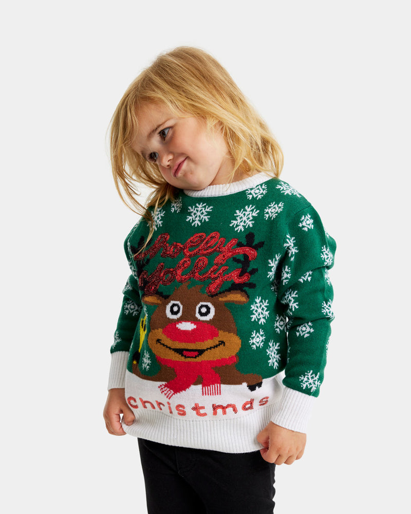 Pull de Noël pour Enfants Vert Holly Jolly Sequins Fille