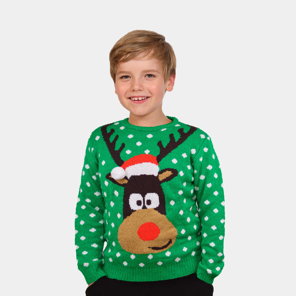 Pull de Noël pour Enfants Vert Renne avec Bonnet de Noël 3D Garçon