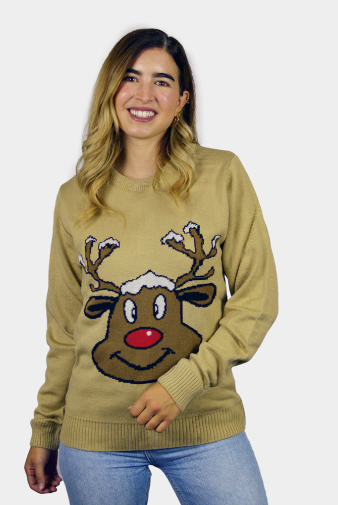 Pull de Noël pour Famille Beige avec Renne Souriant Femme