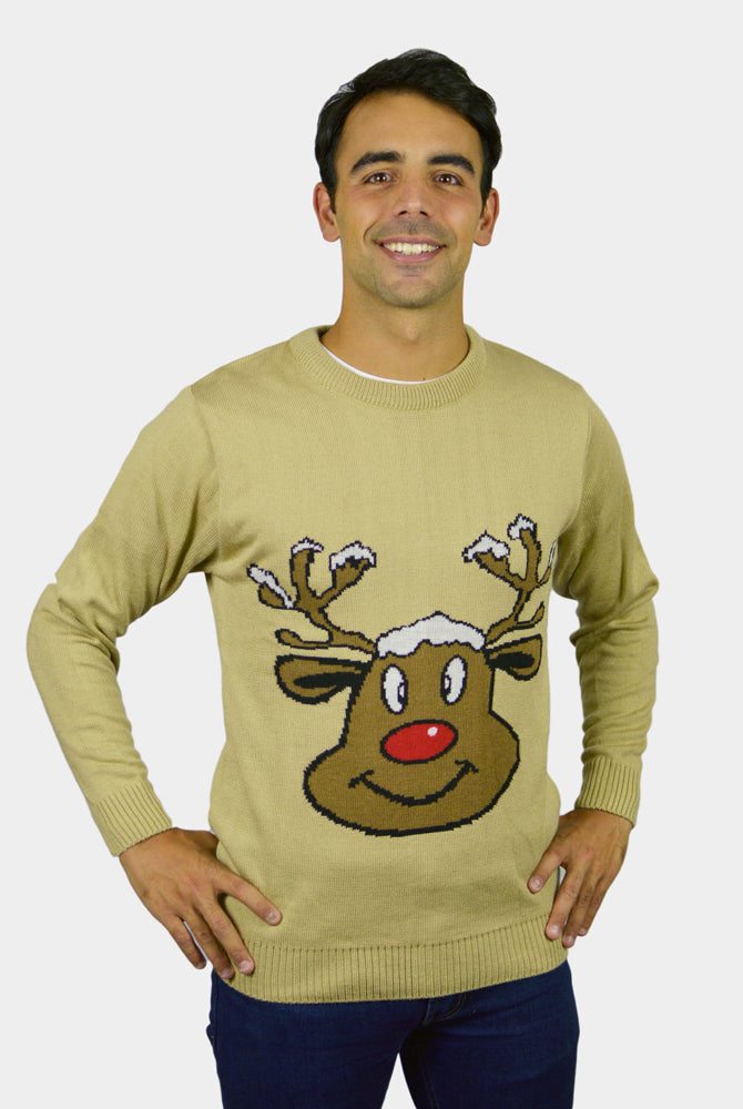 Pull de Noël pour Famille Beige avec Renne Souriant Homme