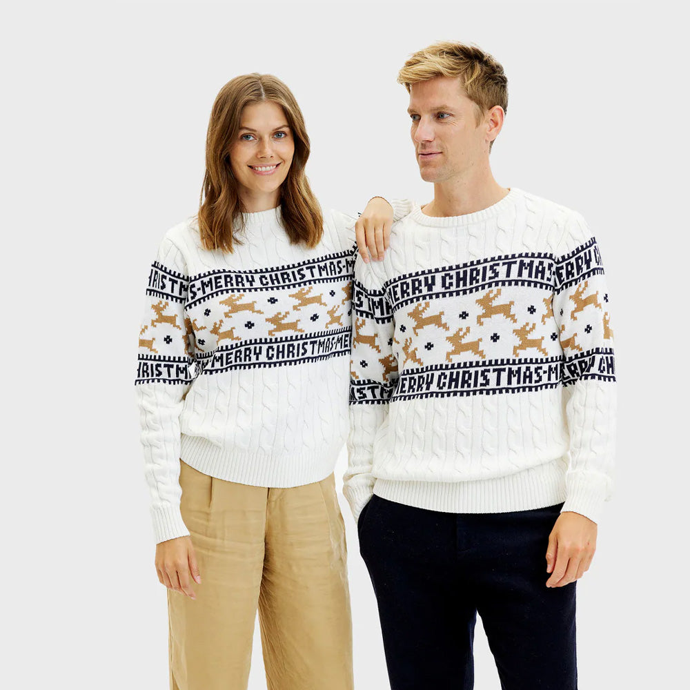 Couple Pull de Noël pour Famille Blanc Élégant avec Rennes Coton Bio