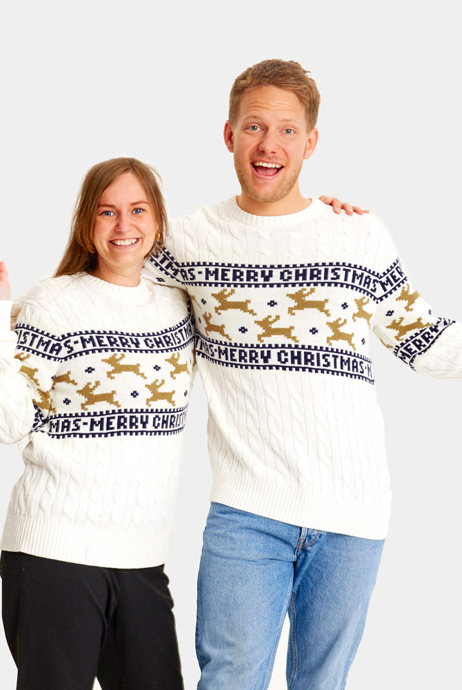 Pull de Noël pour Famille Blanc Élégant avec Rennes Coton Bio Couple