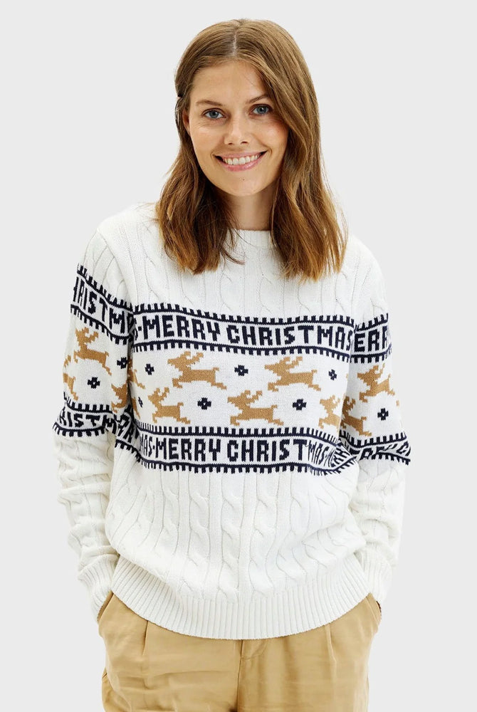 Pull de Noël pour Famille Blanc Élégant avec Rennes Coton Bio Femme