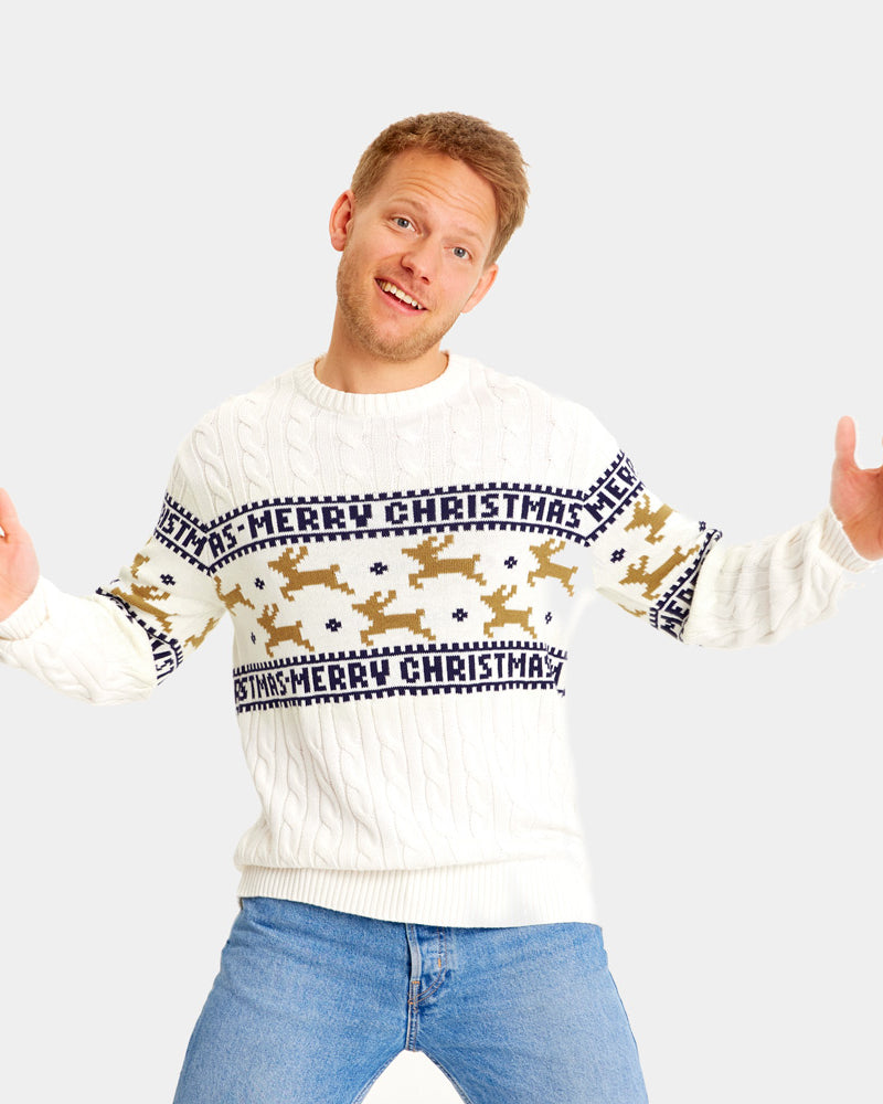 Pull de Noël pour Famille Blanc Élégant avec Rennes Coton Bio Homme