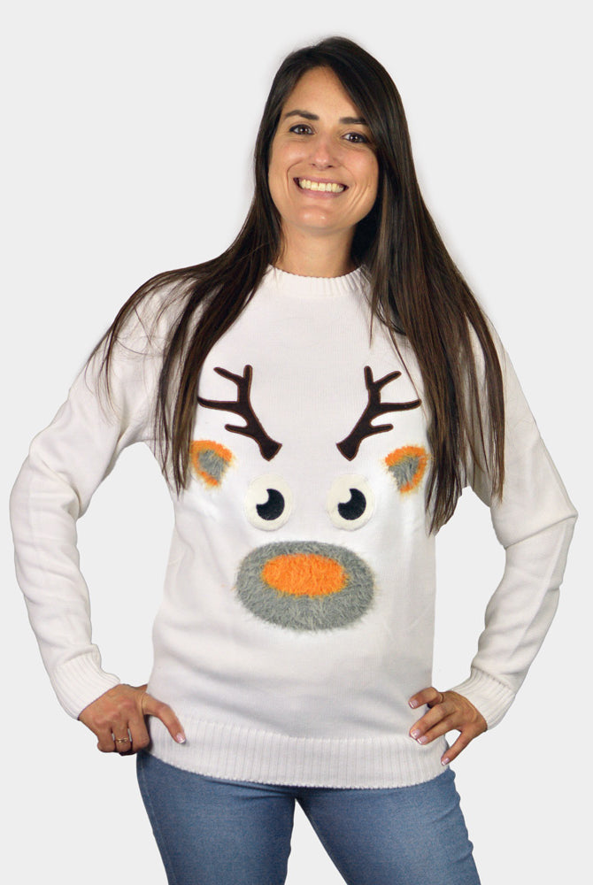 Pull de Noël pour Famille Blanc avec Renne 3D Poilu Femme