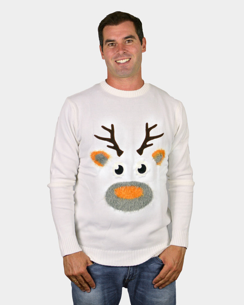 Pull de Noël pour Famille Blanc avec Renne 3D Poilu Homme