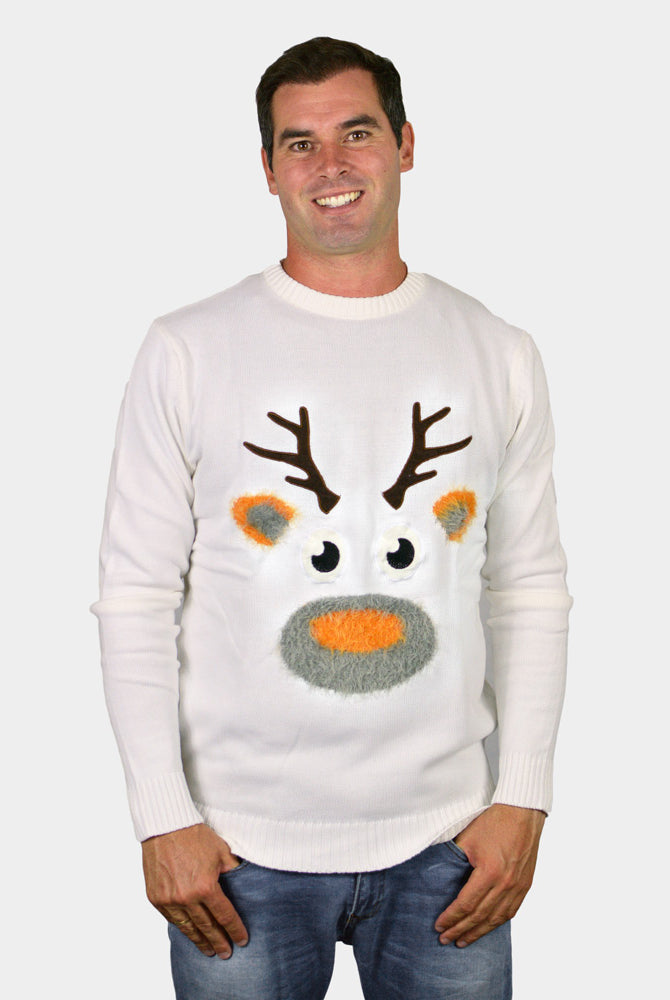 Pull de Noël pour Famille Blanc avec Renne 3D Poilu Homme