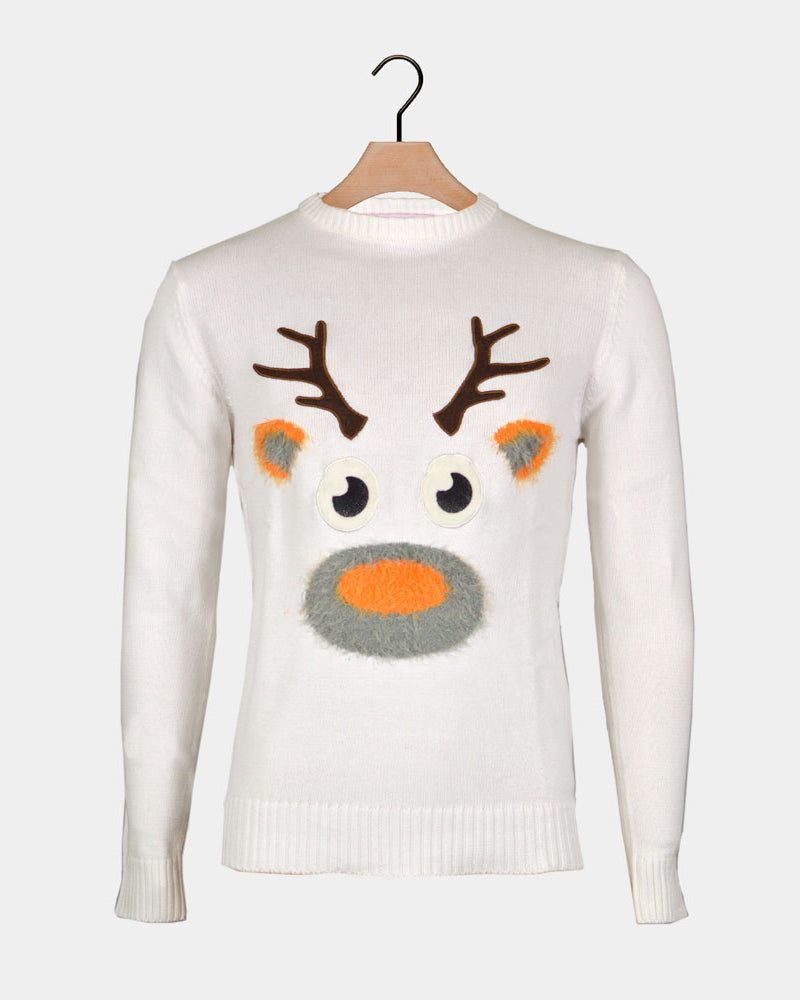 Pull de Noël pour Famille Blanc avec Renne 3D Poilu