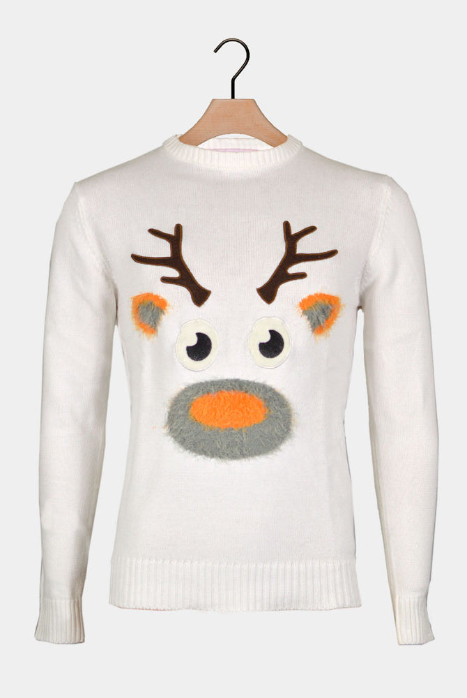 Pull de Noël pour Famille Blanc avec Renne 3D Poilu