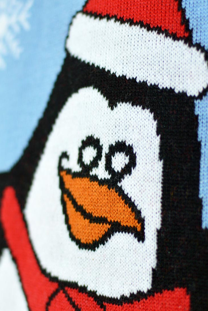 Pull de Noël pour Famille Bleu Ciel avec Pingouin Détail