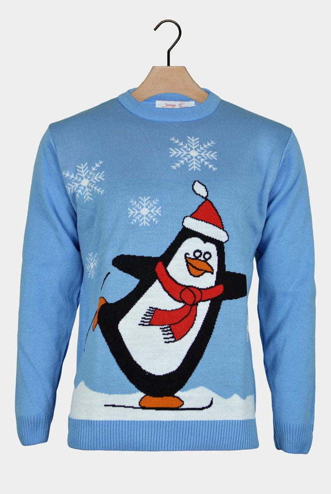 Pull de Noël pour Famille Bleu Ciel avec Pingouin