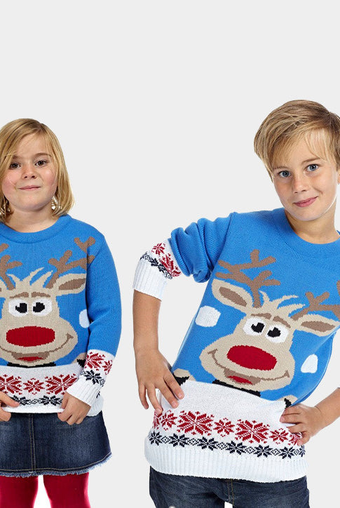 Pull de Noël pour Famille Bleu Ciel avec Renne et Neige