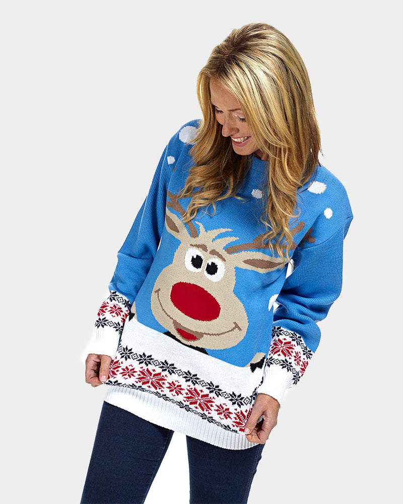 Pull de Noël pour Famille Bleu Ciel avec Renne et Neige Femme