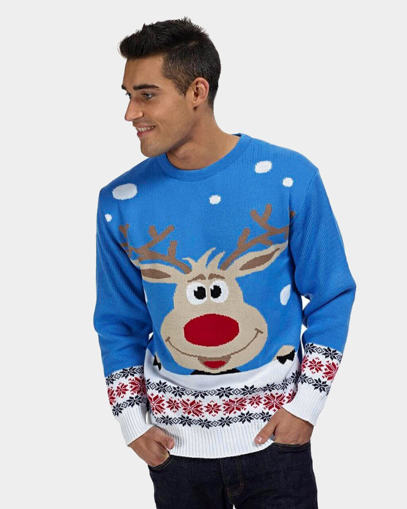 Pull de Noël pour Famille Bleu Ciel avec Renne et Neige