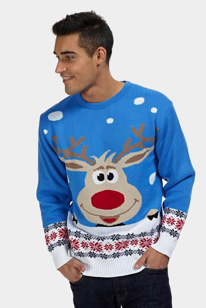 Pull de Noël pour Famille Bleu Ciel avec Renne et Neige