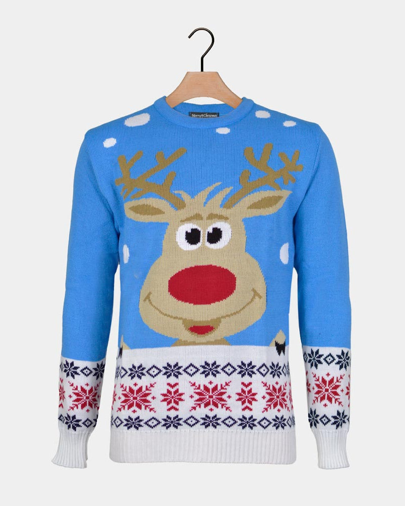 Pull de Noël pour Famille Bleu Ciel avec Renne et Neige