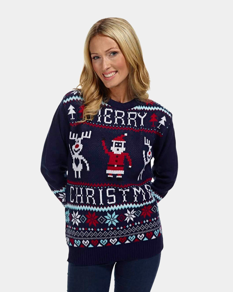 Pull de Noël pour Famille avec Rennes et Père Nöel Merry Christmas Femme