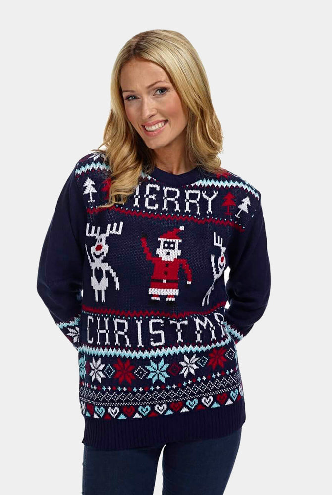 Pull de Noël pour Famille avec Rennes et Père Nöel Merry Christmas Femme