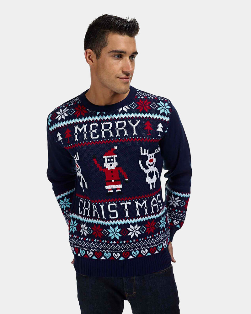 Pull de Noël pour Famille avec Rennes et Père Nöel Merry Christmas Homme