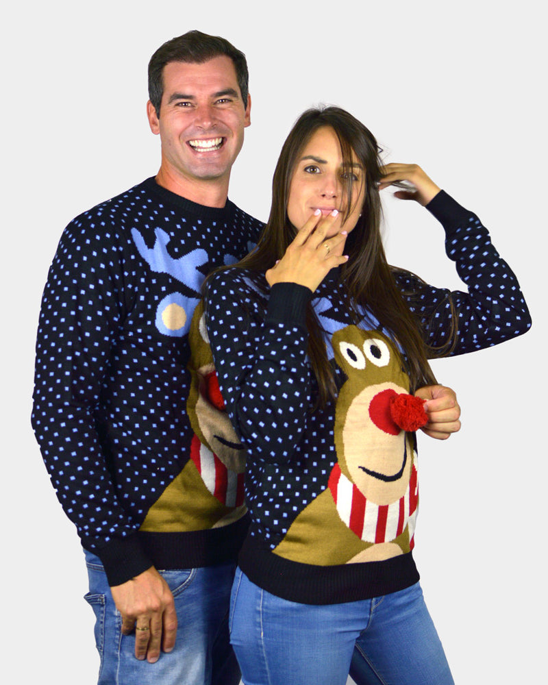 Pull de Noël pour Famille Bleu Renne au Nez Rouge 3D couple