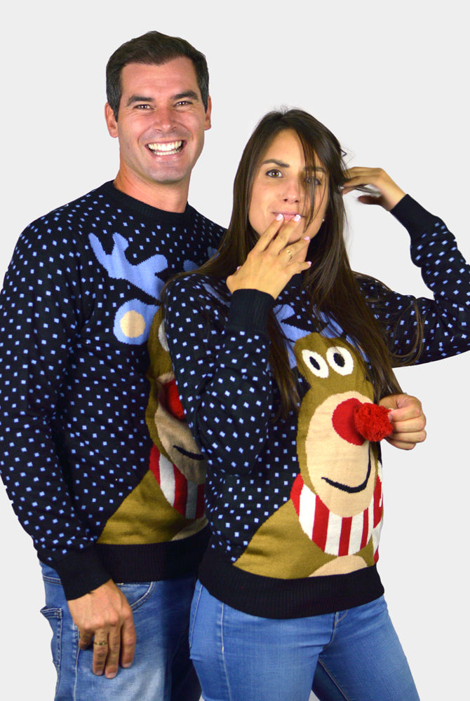 Pull de Noël pour Famille Bleu Renne au Nez Rouge 3D couple