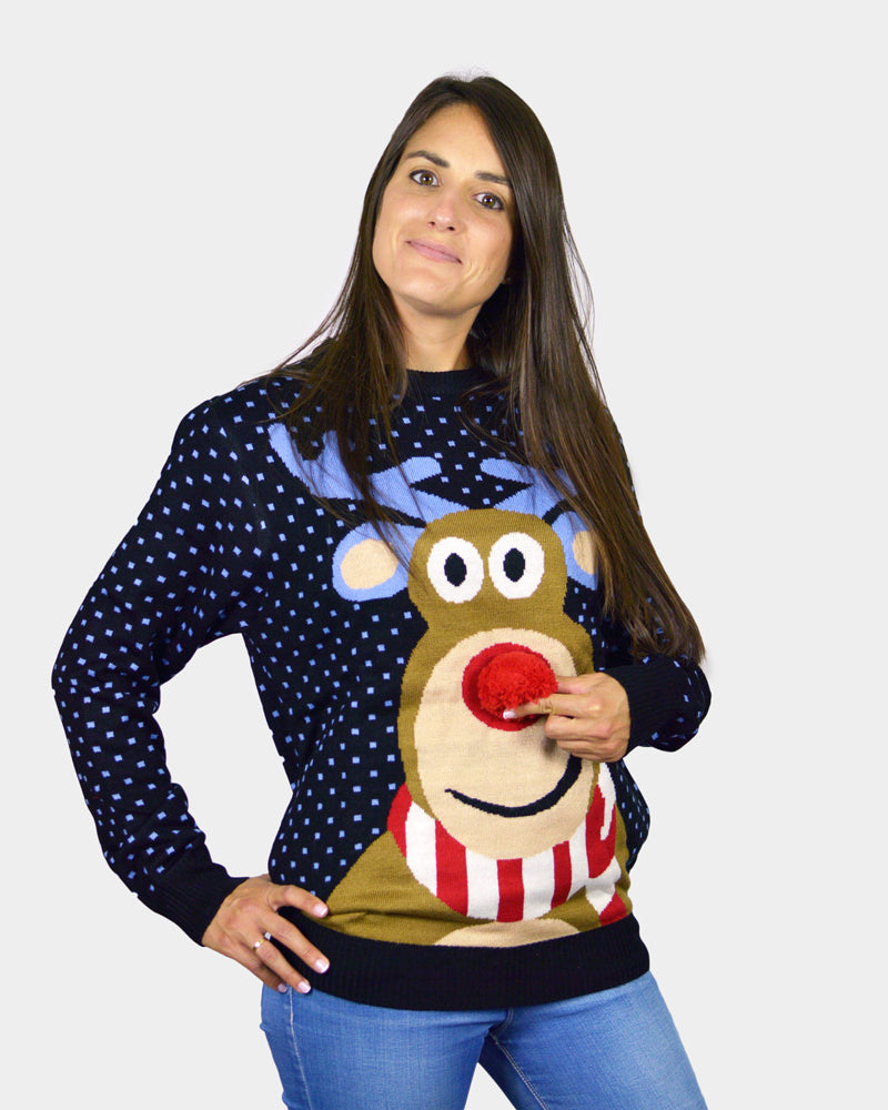 Pull de Noël pour Famille Bleu Renne au Nez Rouge 3D femme