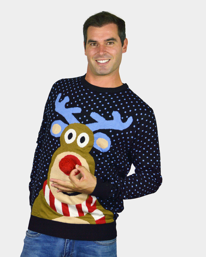 Pull de Noël pour Famille Bleu Renne au Nez Rouge 3D homem