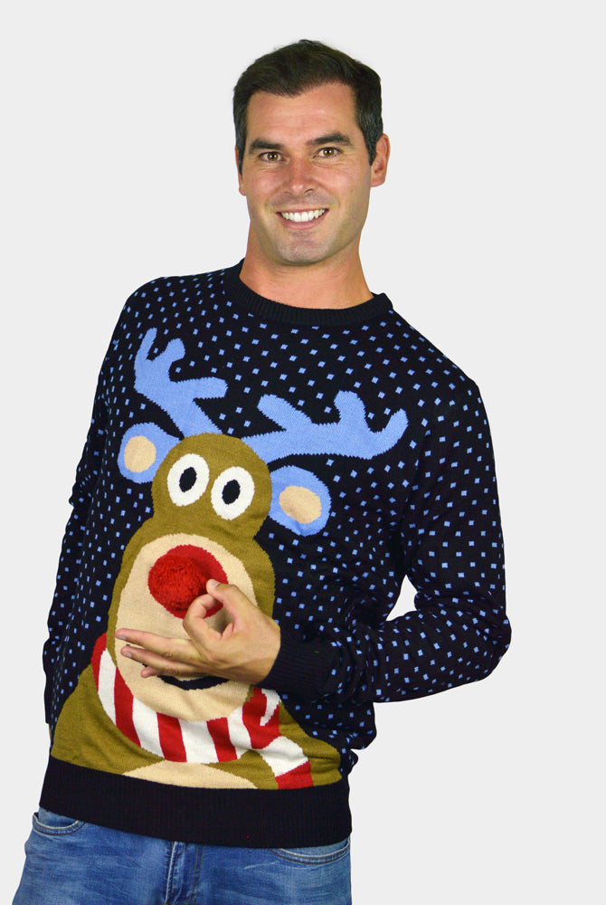 Pull de Noël pour Famille Bleu Renne au Nez Rouge 3D homem