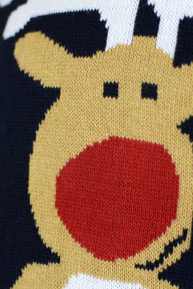 Pull de Noël pour Famille Bleu Père Noël et Rudolph le Renne Détail