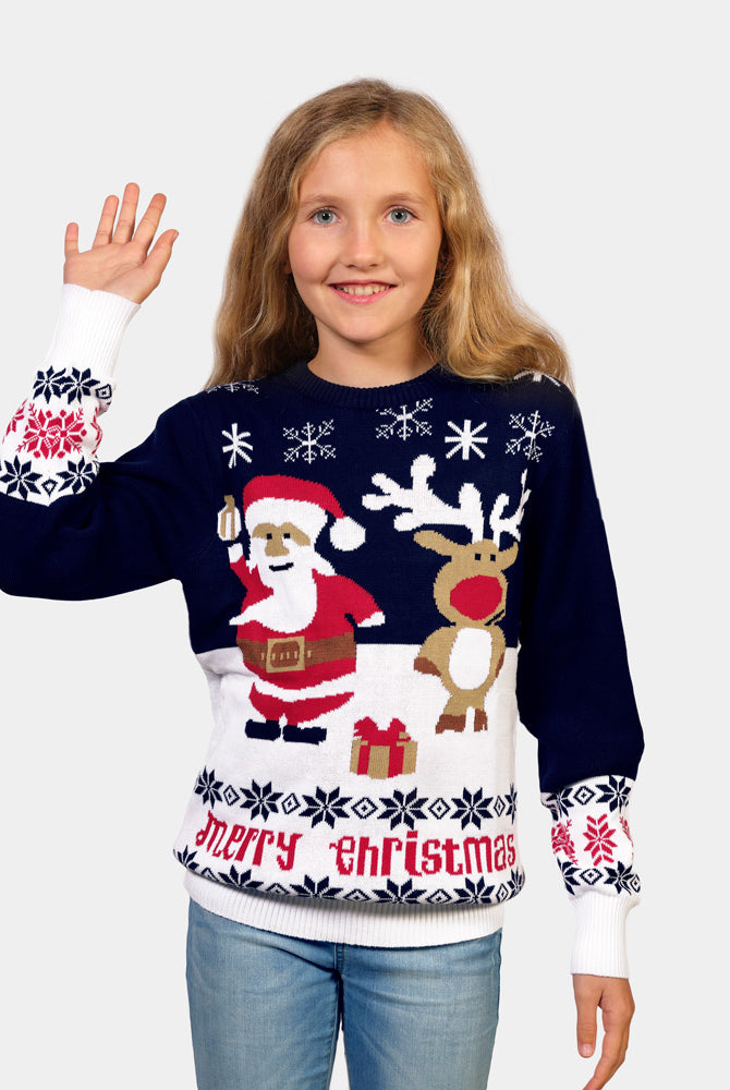 Pull de Noël pour Famille Bleu Père Noël et Rudolph le Renne Coton Bio