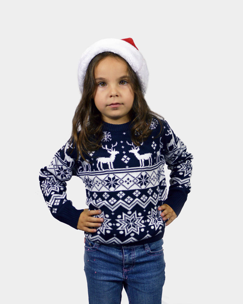 Pull de Noël pour Famille Bleu avec Renne et Étoiles Nordique Enfant